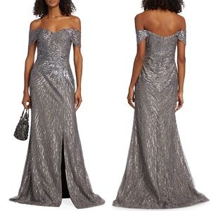Rene Ruiz Collection Sequined Off-The-Shoulder Gown
